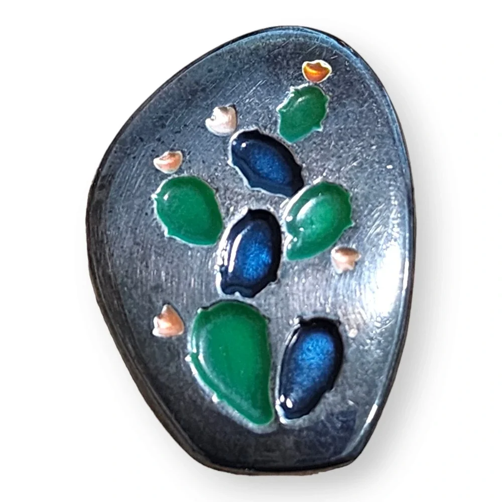 Israel Brooch Pendant Sterling Silver 925 Blue Green Enamel Prickly Pear Cactus
